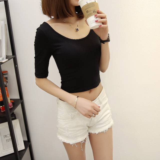 Casual Plain Short Sleeve Crop Top Kaos Wanita 1022 (Size XS-XL)