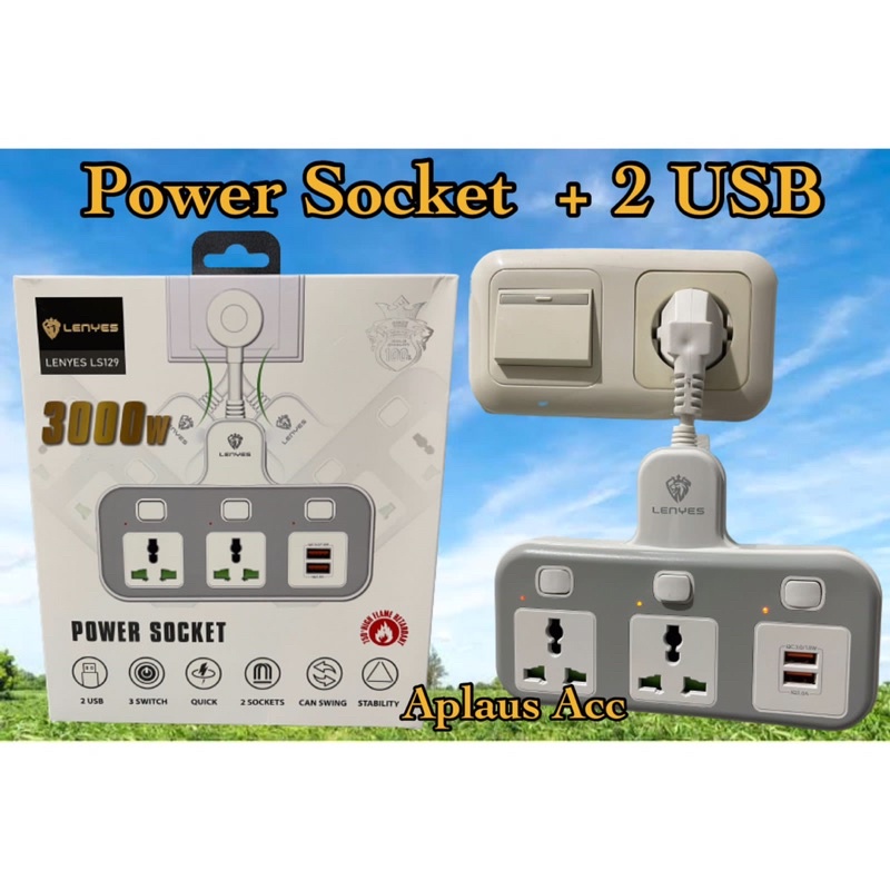 Stop Kontak Power Socket Universal LENYES Original + 2 USB Fast Charging