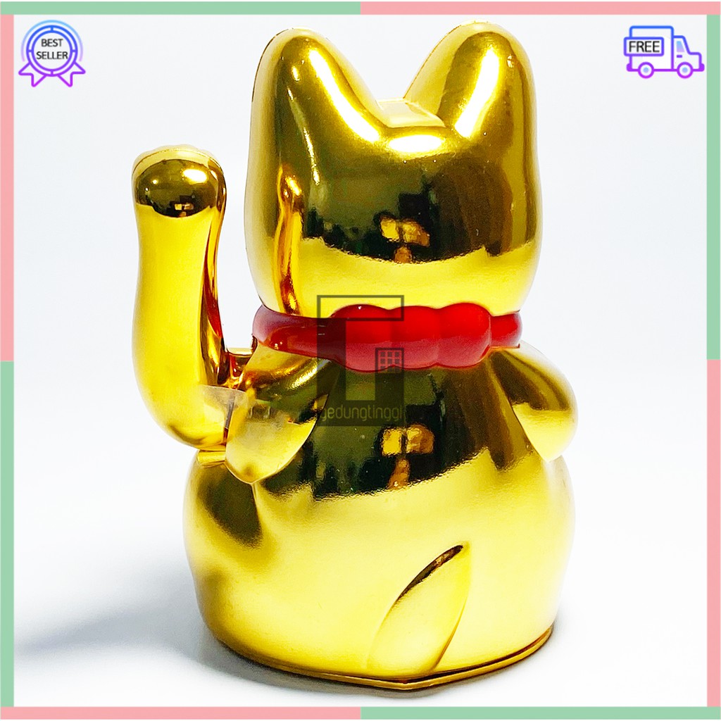 Boneka Hiasan Dekorasi Pajangan Patung Kucing Hoki Keberuntungan Lucky Cat Rejeki Maneki Neko Maneko Neki Emas Gold Tangan Gerak Goyang Baterai Batre Batrai Batrei Non Solar Listrik Jepang Cina China Meja Kasir Toko Size Ukuran Besar Kecil Sedang Medium
