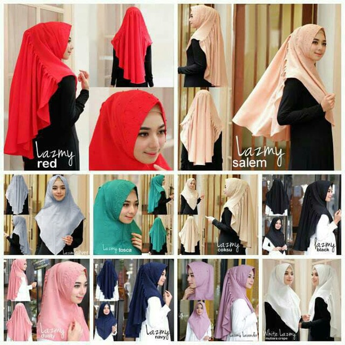 Hijab Kekinian Model Khimar Syar'i Lazmy Pearly Mutiara Tabur Softpad Antem Rempel Plisket Premium