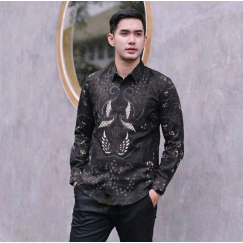 Baju Batik Hitam Pria Lengan Panjang Kemeja Batik Pria Lengan Panjang Premium Batik SLIM FIT  Pria Lengan Panjang