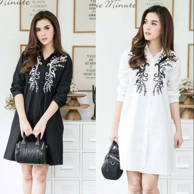 Kemeja tunik katun rayon tribal hitam putih flower kerja casual mixy