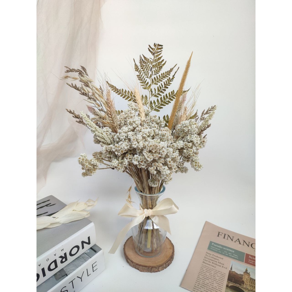 Mahika set | satu set bunga kering | bunga edelweis | vas kaca | vas bunga | vas kaca | vas kayu | p