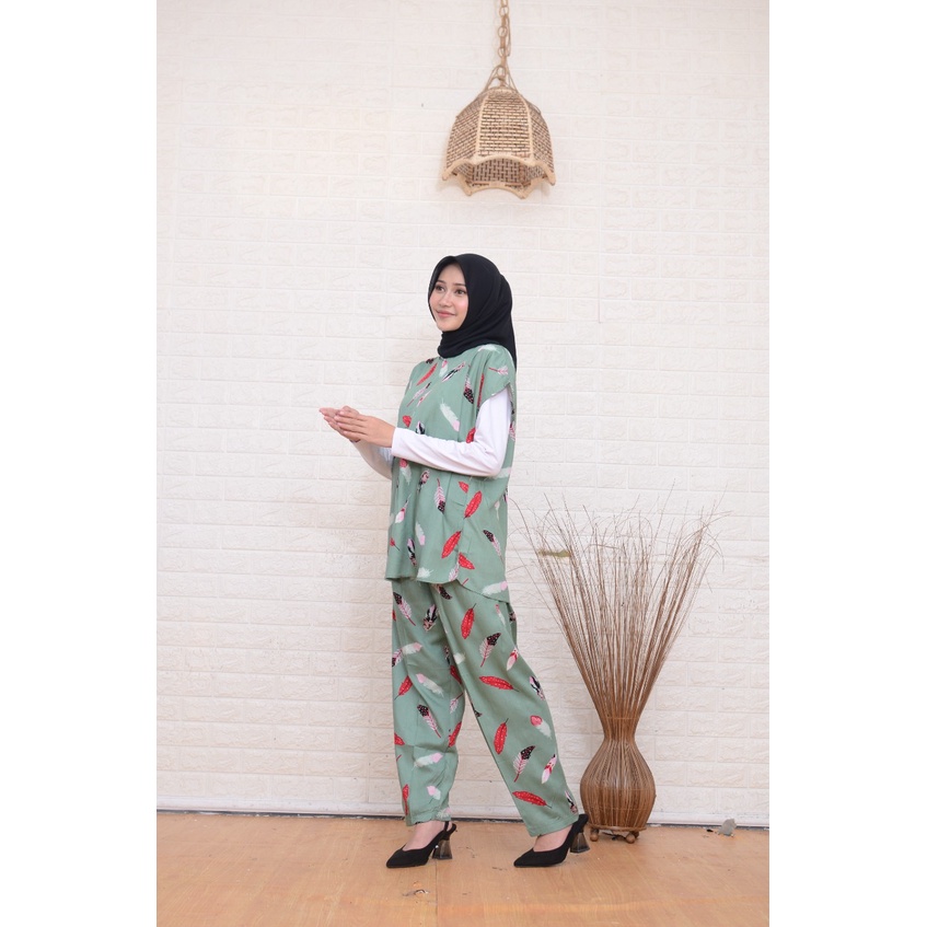 Setelan Piyama Babydoll Lengan Pendek Kekinian Baju Tidur One Set Rayon Premium Wanita Dewasa Busui-Green Stone