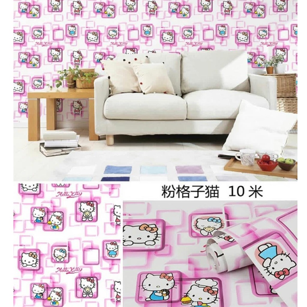 Wallpaper Sticker Hello Kitty Ungu Pink Kotak Stiker Kamar Anak Ruang Tamu  Keluarga Dekor Cafe Rumah