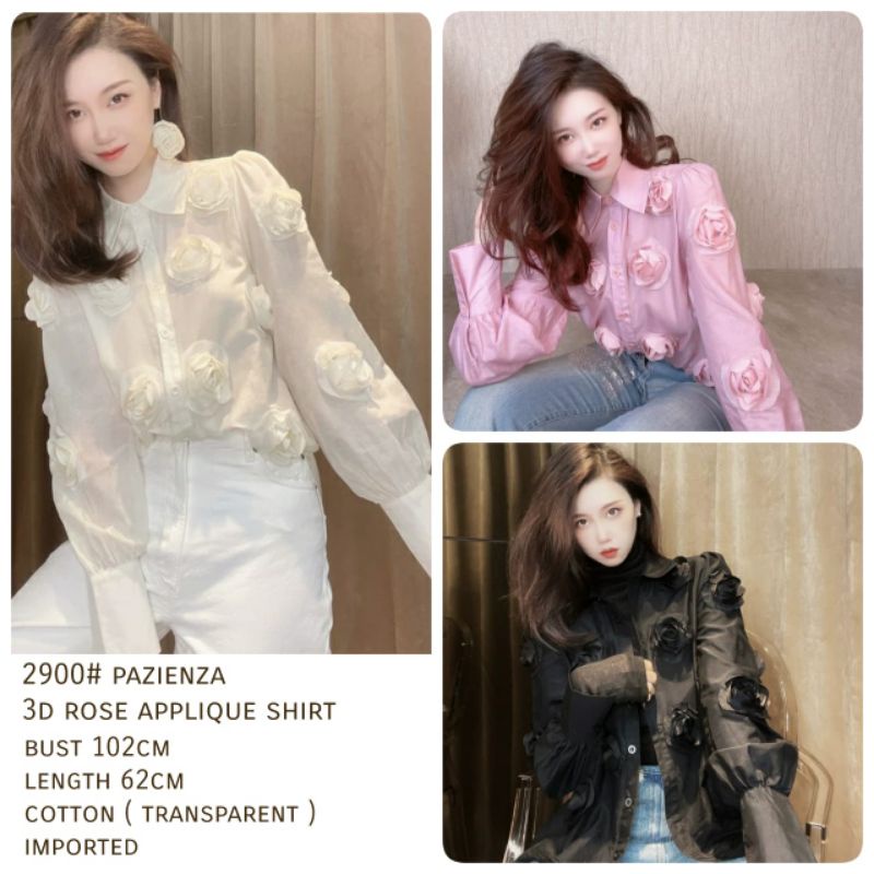 MDLV ~ 2900# Pazienza 3D Rose Applique Shirt Atasan Kemeja Puff Mawar Fashion Import