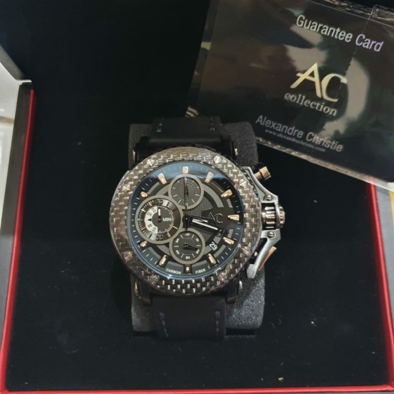 Jam Tangan Pria Alexandre Christie Collection AC 9205 ac9205 Carbon Black Leather Original 48mm