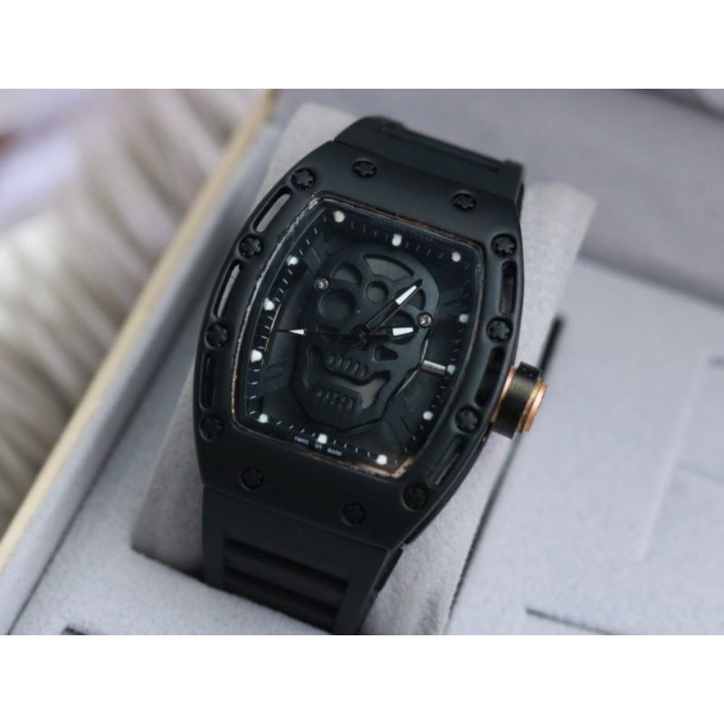 Jam Tangan Pria Richard Mile RM 6641 Segi Tengkorak Strap Rubber - Free Box Batre Cadangan Original