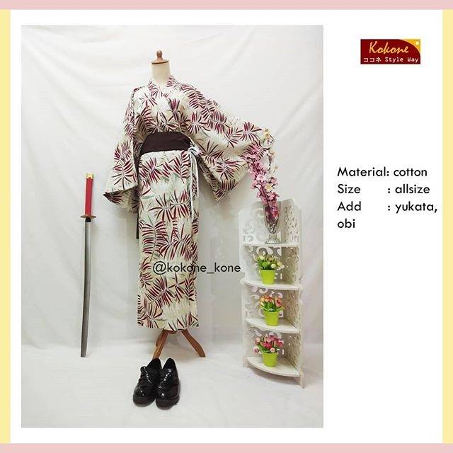 Kokone styleway yukata kimono baju adat tradisional jepang untuk wanita cewek motif daun krem