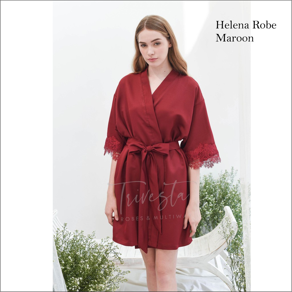 Helena Robe in Maroon - KIMONO PENGANTIN / BRIDESMAID SATIN  &amp; BROKAT  + FREE BORDIR (TULISAN BEBAS)