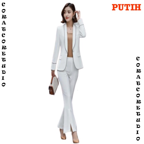 CORATCORETUDIO Blazer Cewek Jas Wanita PUTIH BERSIH PUTIH TULANG BROKEN WHITE Variasi Hitam Casual M