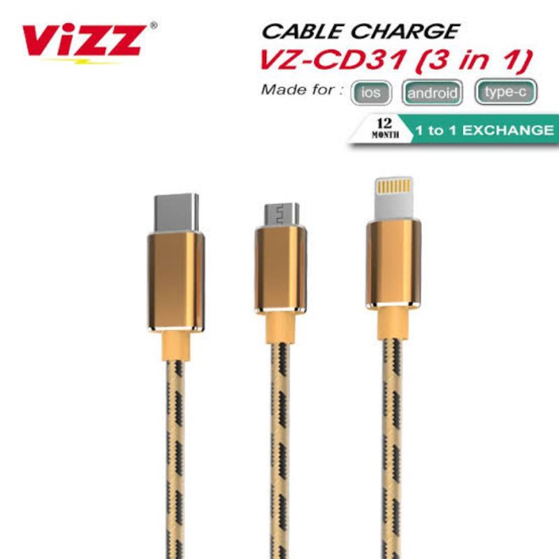 Kabel Data Vizz CD31 3in1 Micro Tipe C Ligtning Fast Charging 2.4A