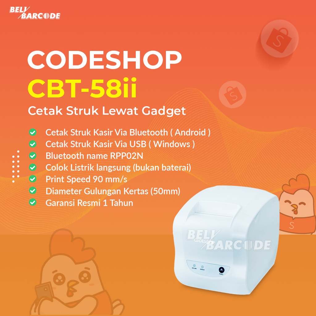 Codeshop Printer Thermal CBT58ii Cetak Struk Kasir 58 mm Multi Device Warna Putih