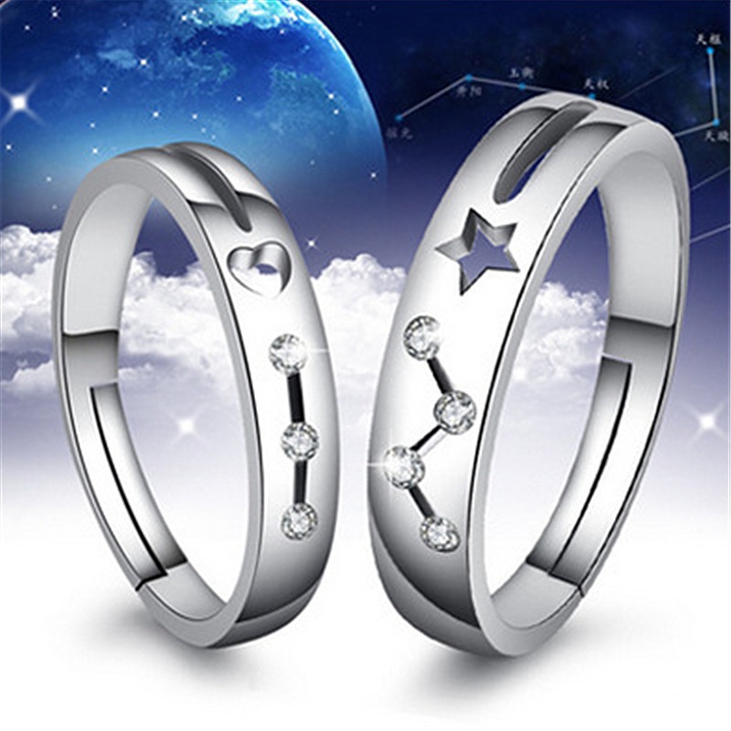 ECG Love Heart Zircon Hollow Opening Adjustable Anti-rust Waterproof Couple Ring Joint Ring Set Korean Fashion Jewelry Gift Best Accessories for Boys and Girls Friends