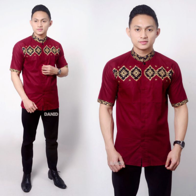 baju muslim batik pria lengan pendek kobinasi bordir terbaru