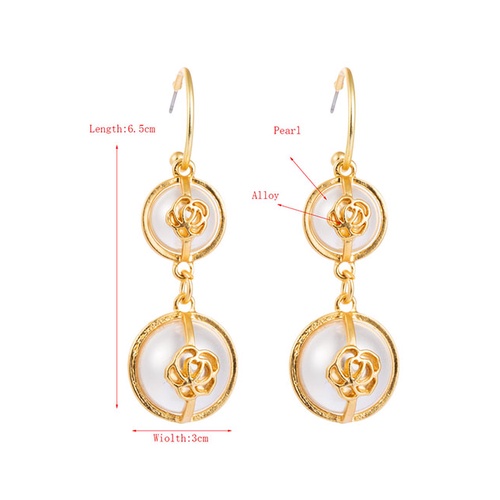 LRC Anting Gantung Fashion Golden Flower-set Pearl Geometric Alloy Earrings K01260