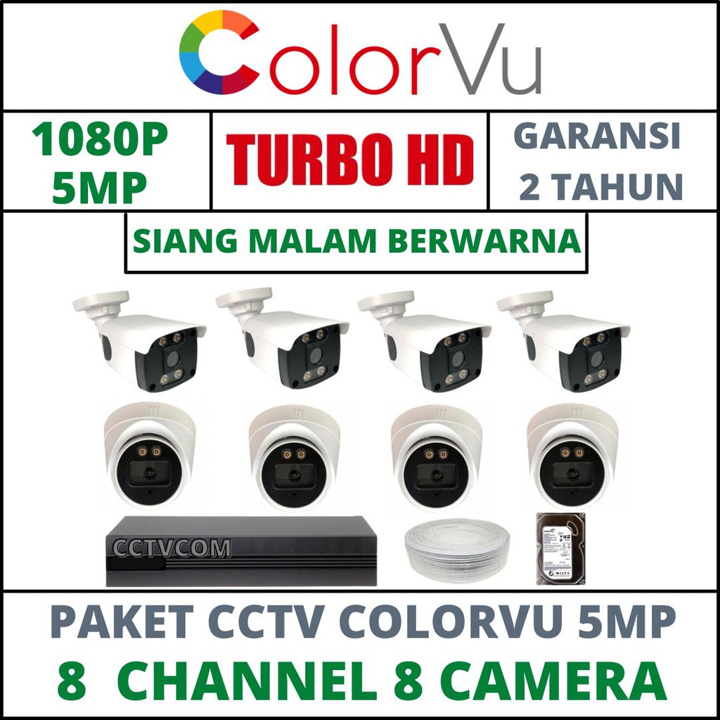 PAKET CCTV COLORVU -SIANG MALAM BERWARNA 8 CHANNEL 8 CAMERA 5MP IC SONY 1080P KOMPLIT TINGGAL PASANG