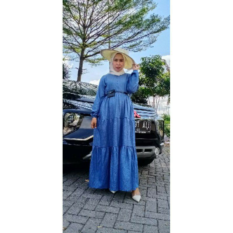 Long Dress Wanita / Party Dress FREE BELT DENIM DRESS Lebaran