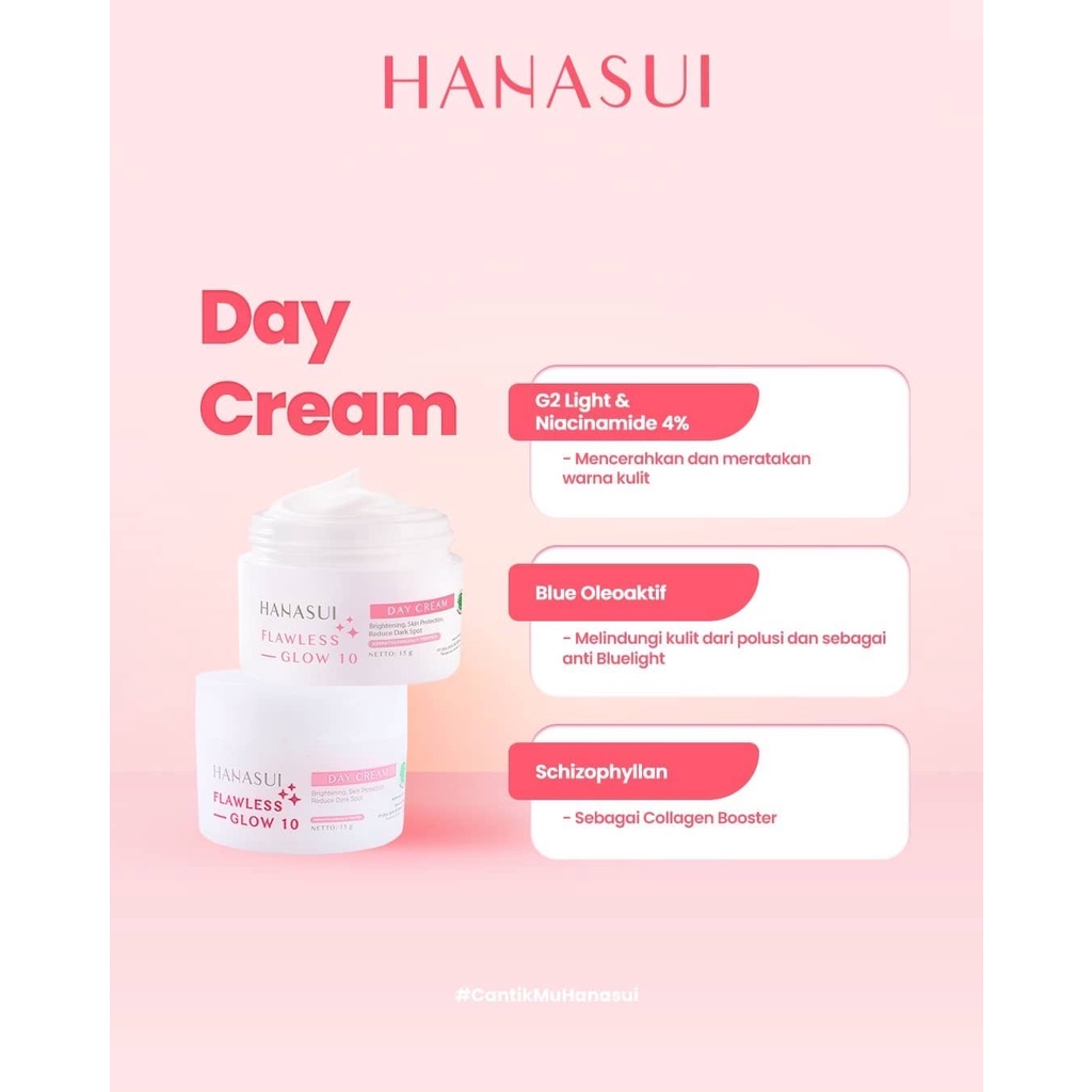 HANASUI Flawless Glow 10 Series Indonesia / Gentle Cleanser Power Essence Day Night Cream Acne Spot Gel / Brightening Jerawat / Skincare Make Up / Toner Serum Eye Mask Sunscreen / Body Spa Lip Cream Tint Pelembab / Paket Lengkap Set Wajah Face