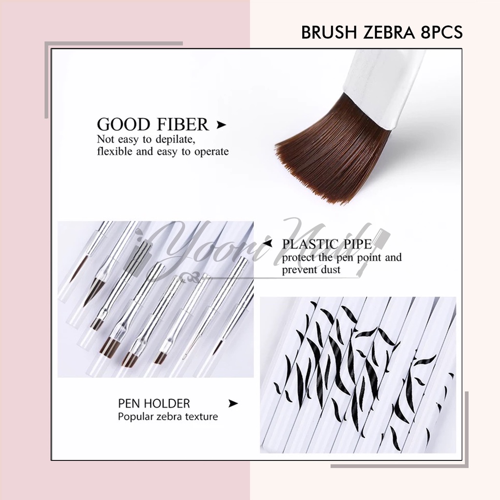 Kuas zebra brush kuas acrylic kuas gel brush 8pcs set acrylic brush dotting