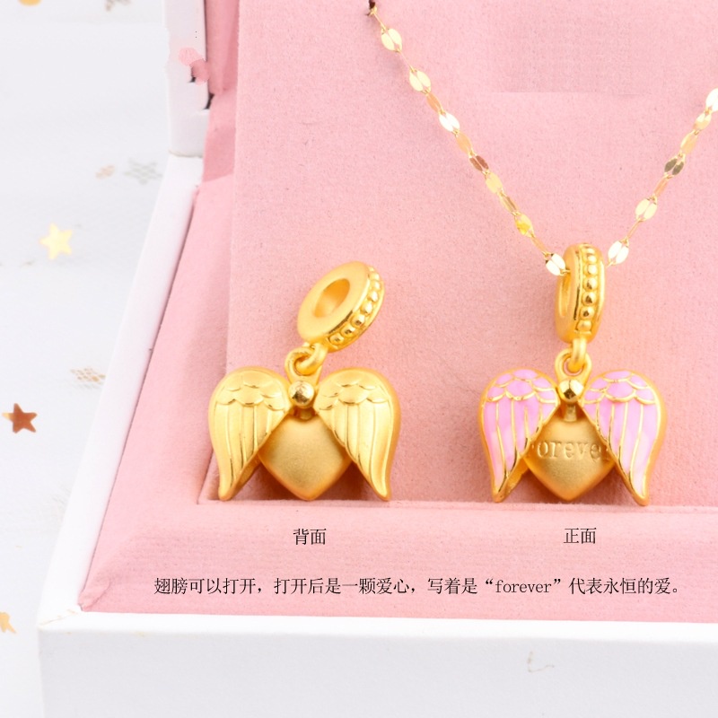 [Ready Stock]Fashion Gold Plated Love Heart Angel Wings Pendant Pink Necklace