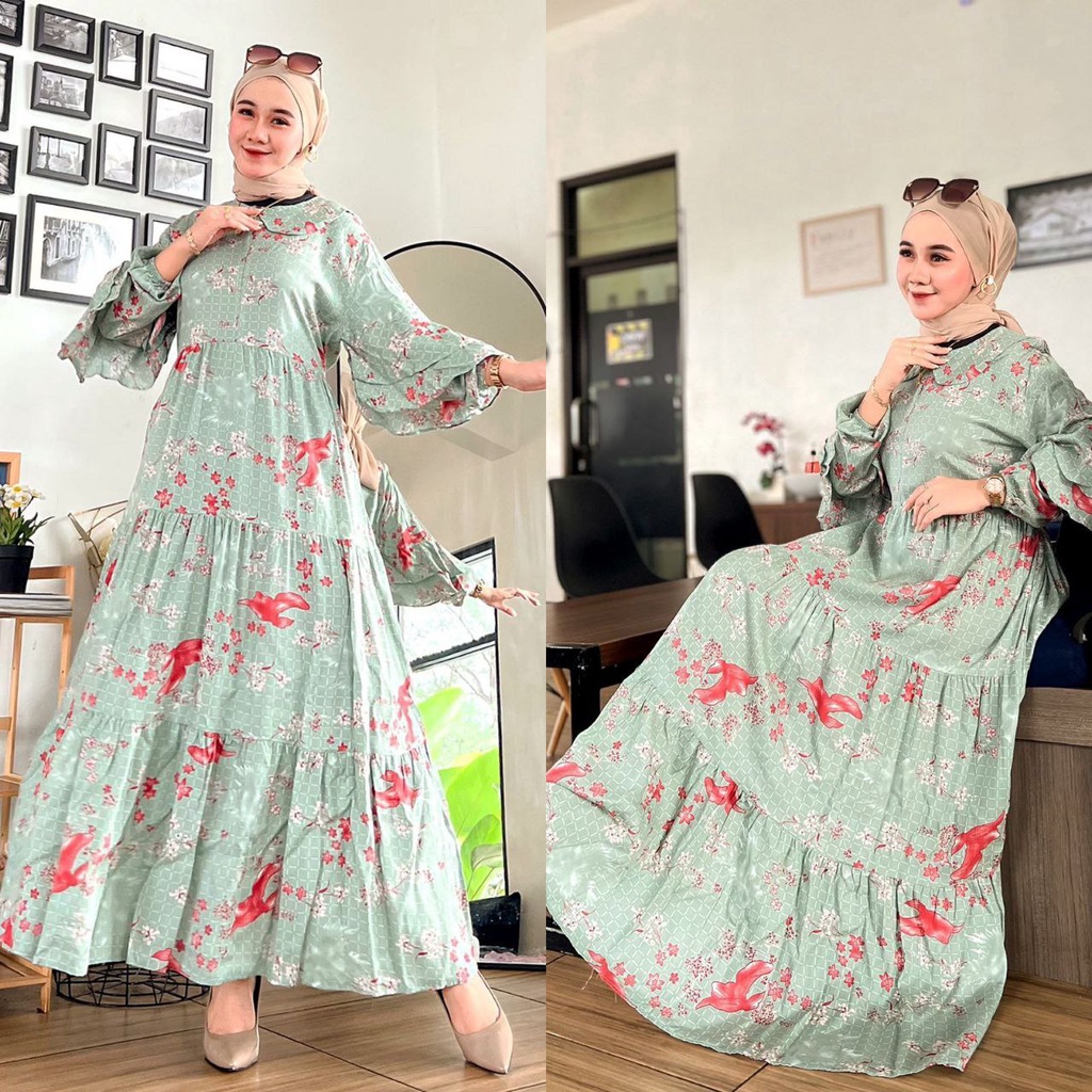 Flowy Gamis Wanita Rayon Viscose Premium Dress Wanita Lengan Panjang Ruffle Terompet Longdress Bunga LD 110 cm