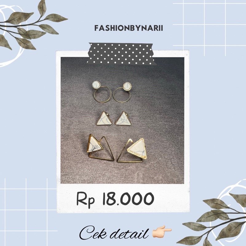 NARII Anting Tusuk Marble Putih Wanita Motif Marble Segitiga Bulat Elegan Korea Warna Emas Aksesoris