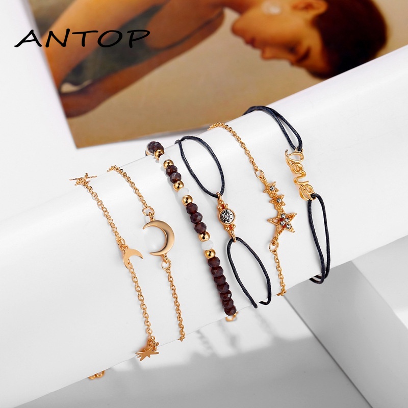 6 Pcs Retro Gelang Set Bintang Bulan Gelang Fashion Wanita Aksesoris Hadiah Teman Terbaik ANTOP