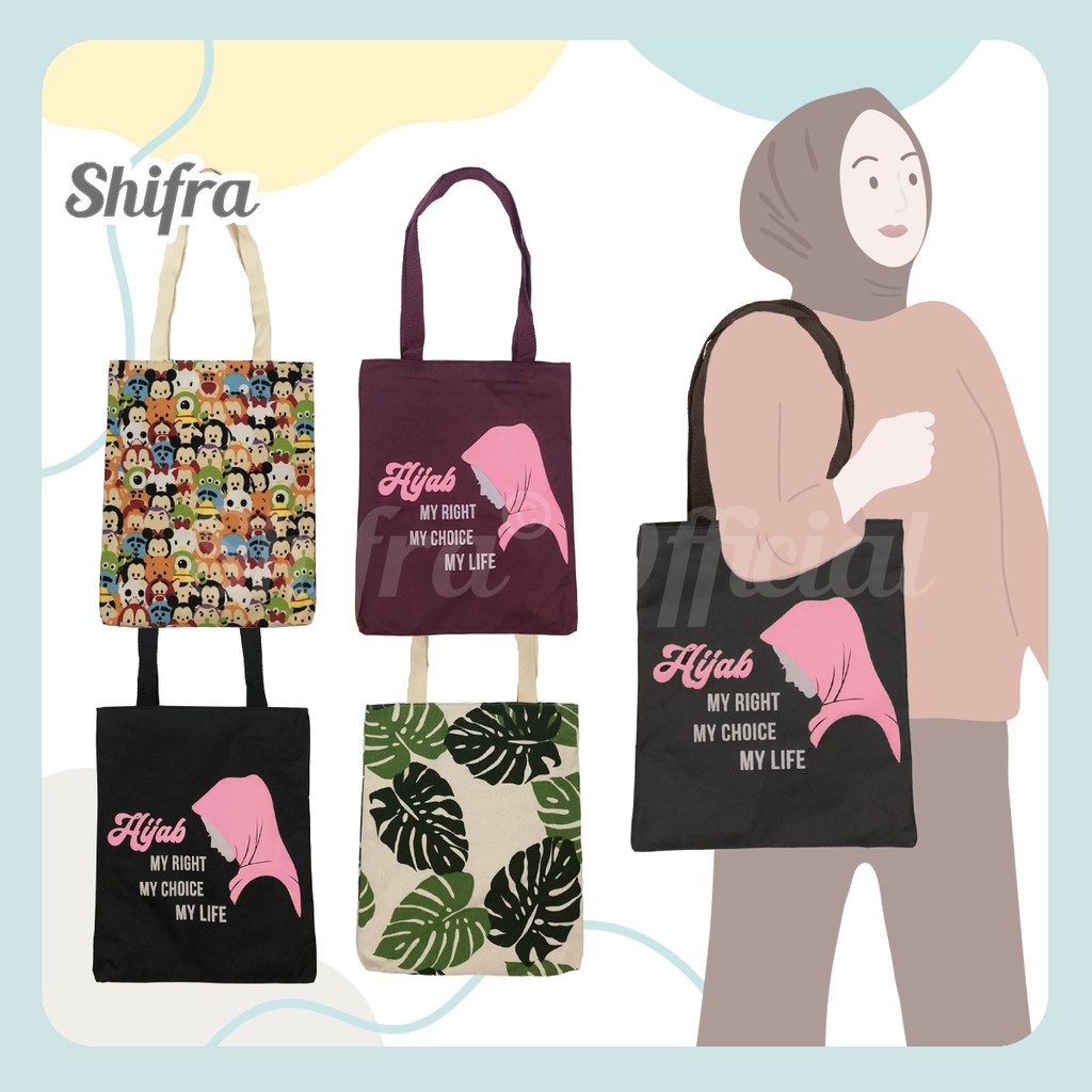 Shifra Tas Tote Kanvas Gambar Hijab Pattern Daun