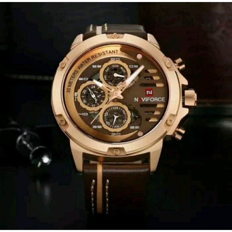 Jam Tangan Naviforce Nf9110 Original Tali Kulit Warna Rosse Gold Cokelat - Jam Tangan Tali Kulit