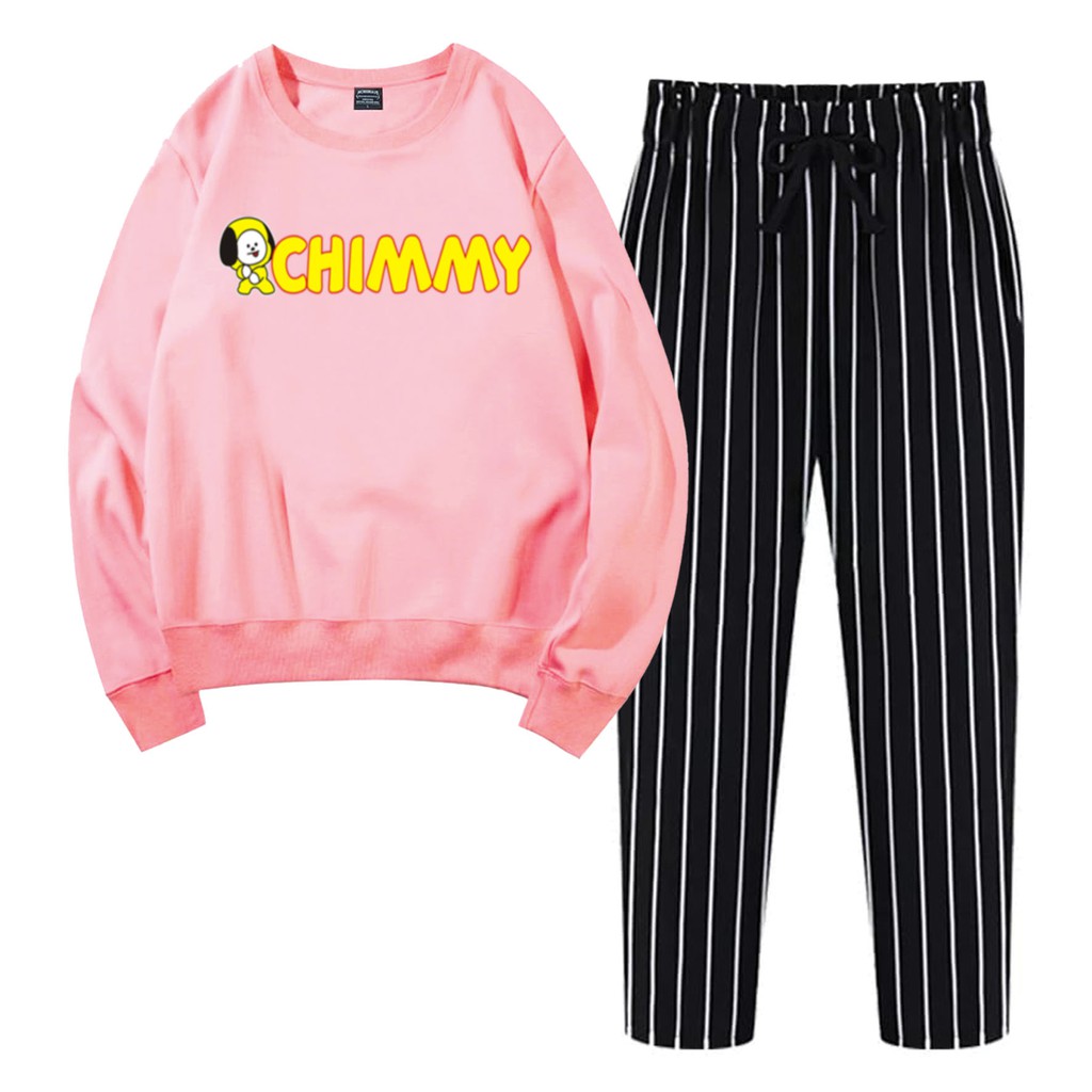 BESS - Baju Setelan Wanita Murah / Setelan Sweater + Celana Salur Hitam - CIMY FONT