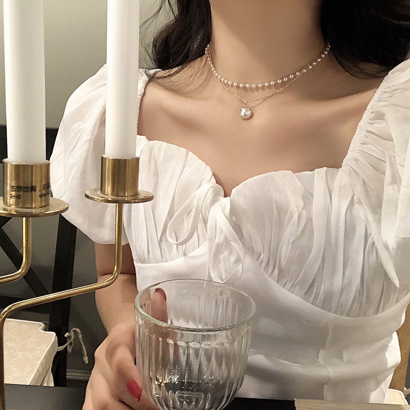 Internet yang terkenal dan vintage ins sederhana double-layer mutiara kalung fashion wanita kalung p