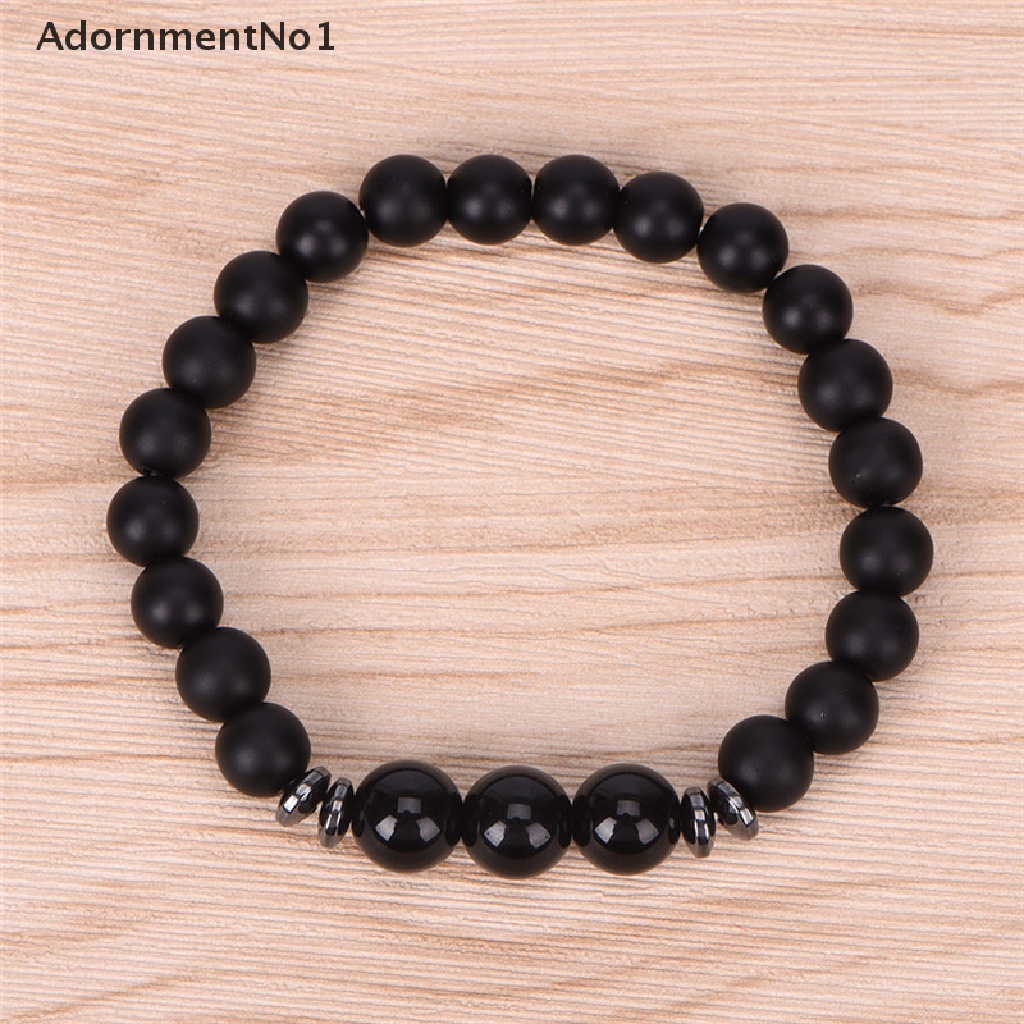 (AdornmentNo1) Gelang Tangan Manik-Manik Batu Agate Tourmaline Hitam Matte Elastis Untuk Pria / Yoga