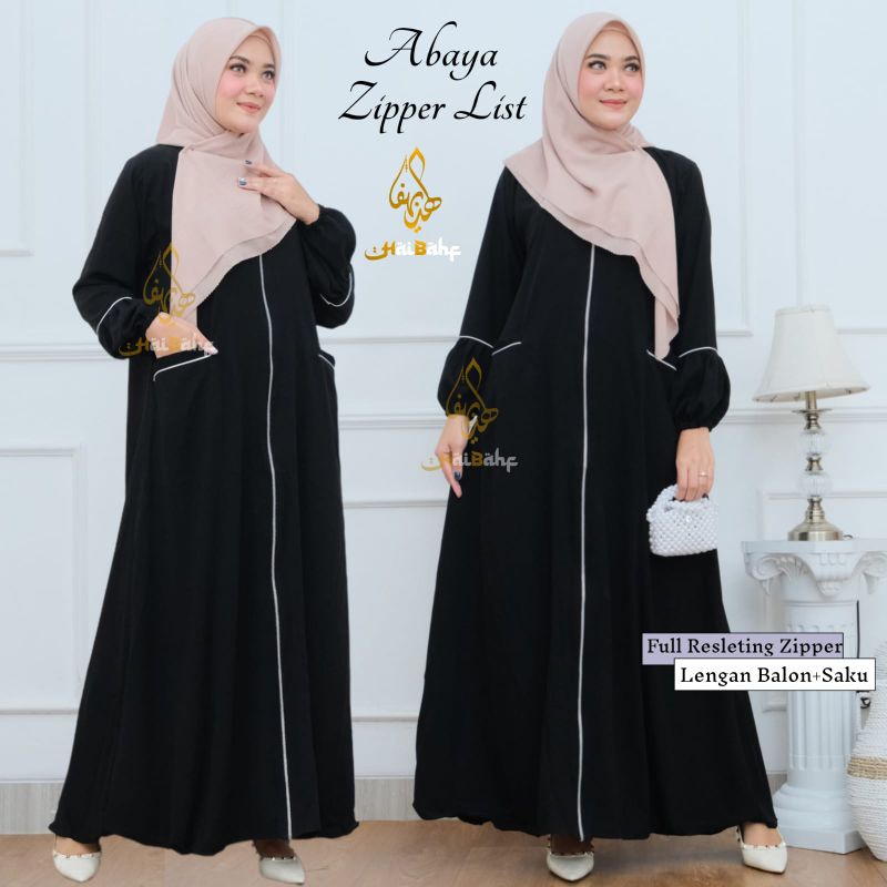 Abaya Hitam Basic List Gamis Syari Bahan Jet black Hitam Pekat Busui friendly-List zipper + logo