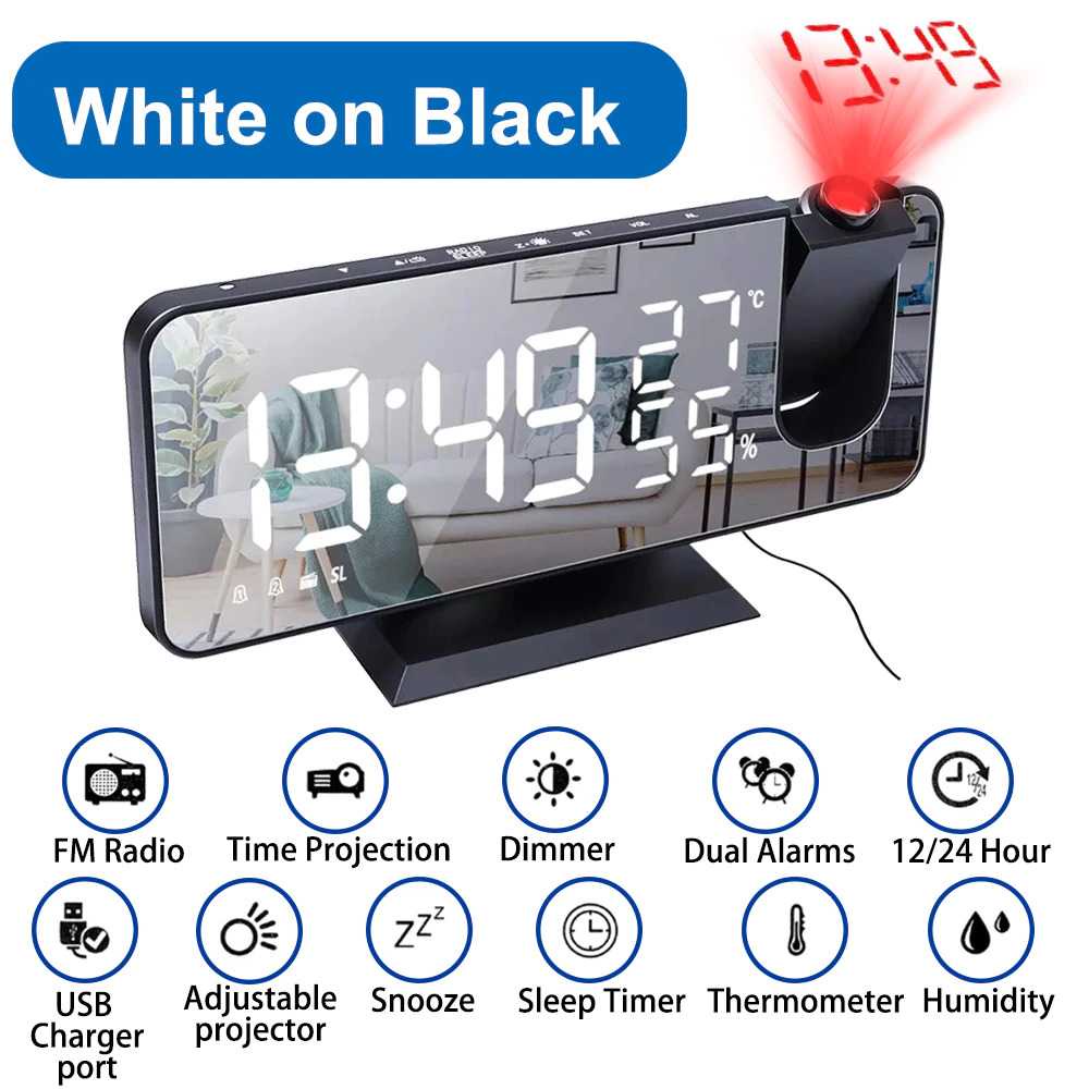 Jam Meja Alarm Digital Proyektor Temperature Humidity FM Radio Desain Minimalis Multifungsi Termometer Suhu Ruangan