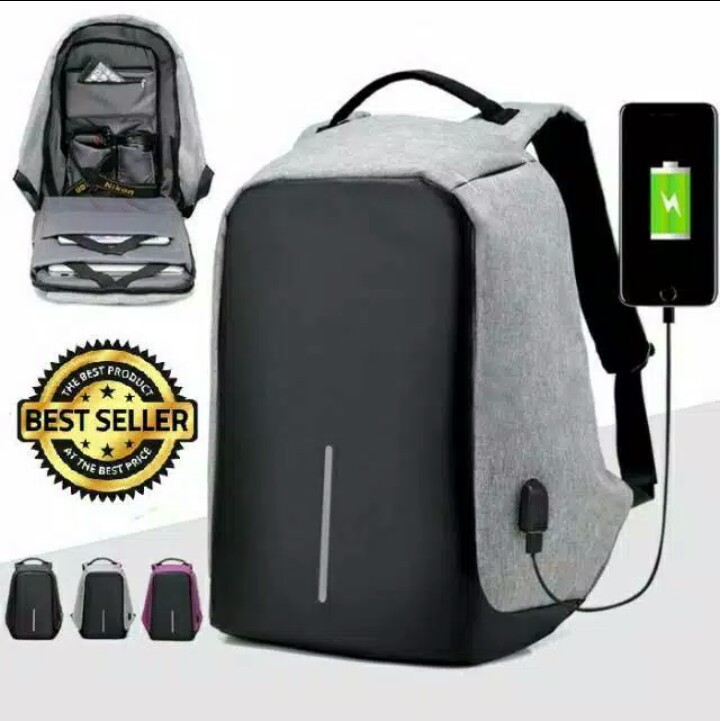 Tas ransel anti maling tas laptop pria dan wanita usb portable original - grey