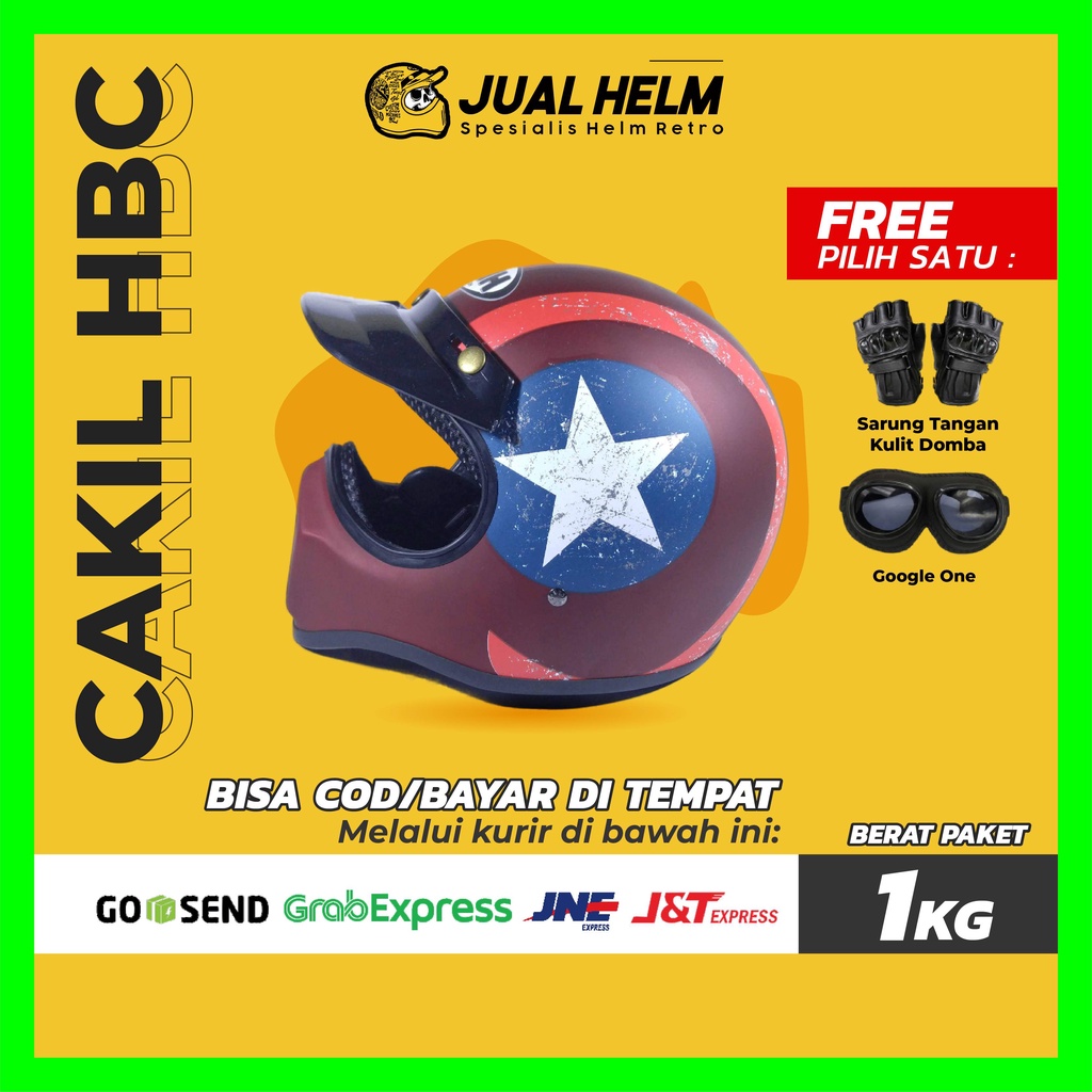 HELM CAKIL HBC CAPTAIN AMERICA MERAH-MAROON ( Fullface / Retro / Klasik / Vespa )