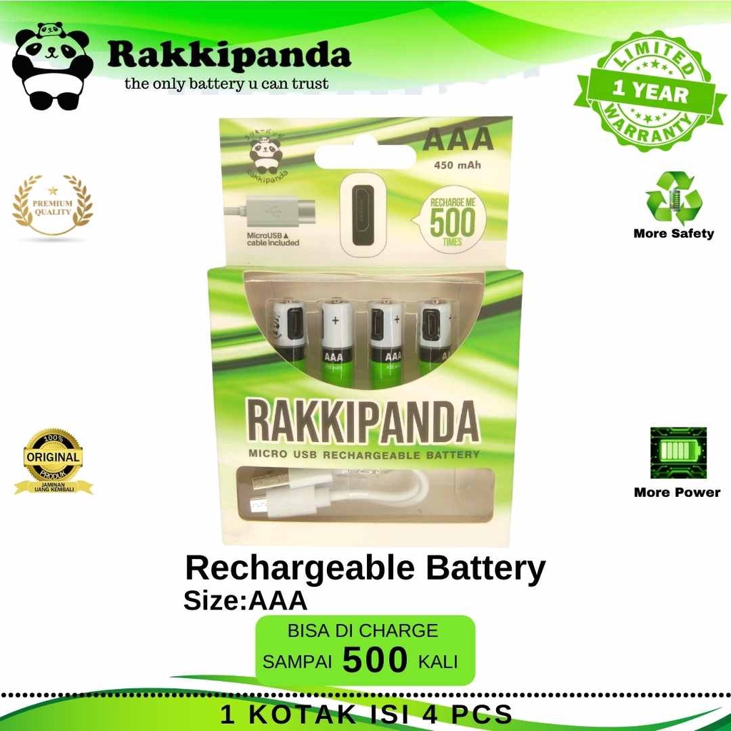 R/K- RakkiPanda - Baterai Cas isi Ulang AAA 1.2V Micro USB Rechargeable Ni-MH Battery Charge