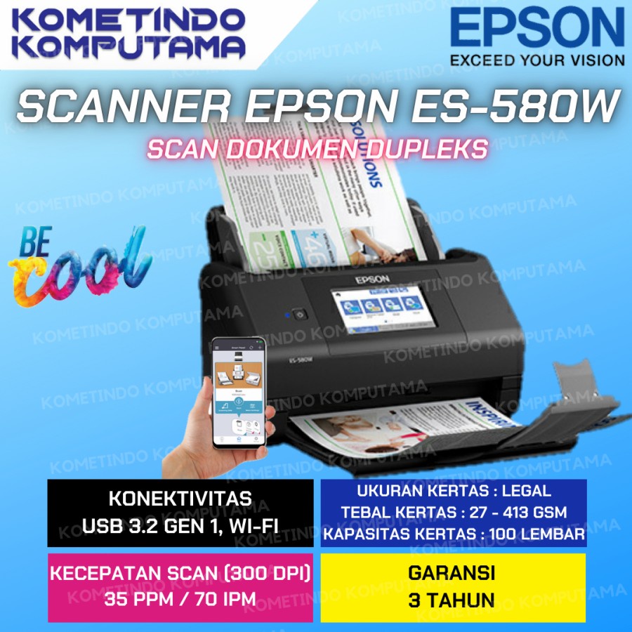 TKDN Epson WorkForce ES-580W A4 Duplex Sheet-fed Document Scanner Wi-Fi / A4 Duplex Sheet Fed Colour Scanner ES580W