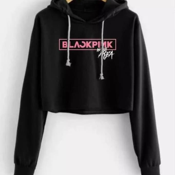 Hoodie Crop Blackpink Hitam Cuci Gudang