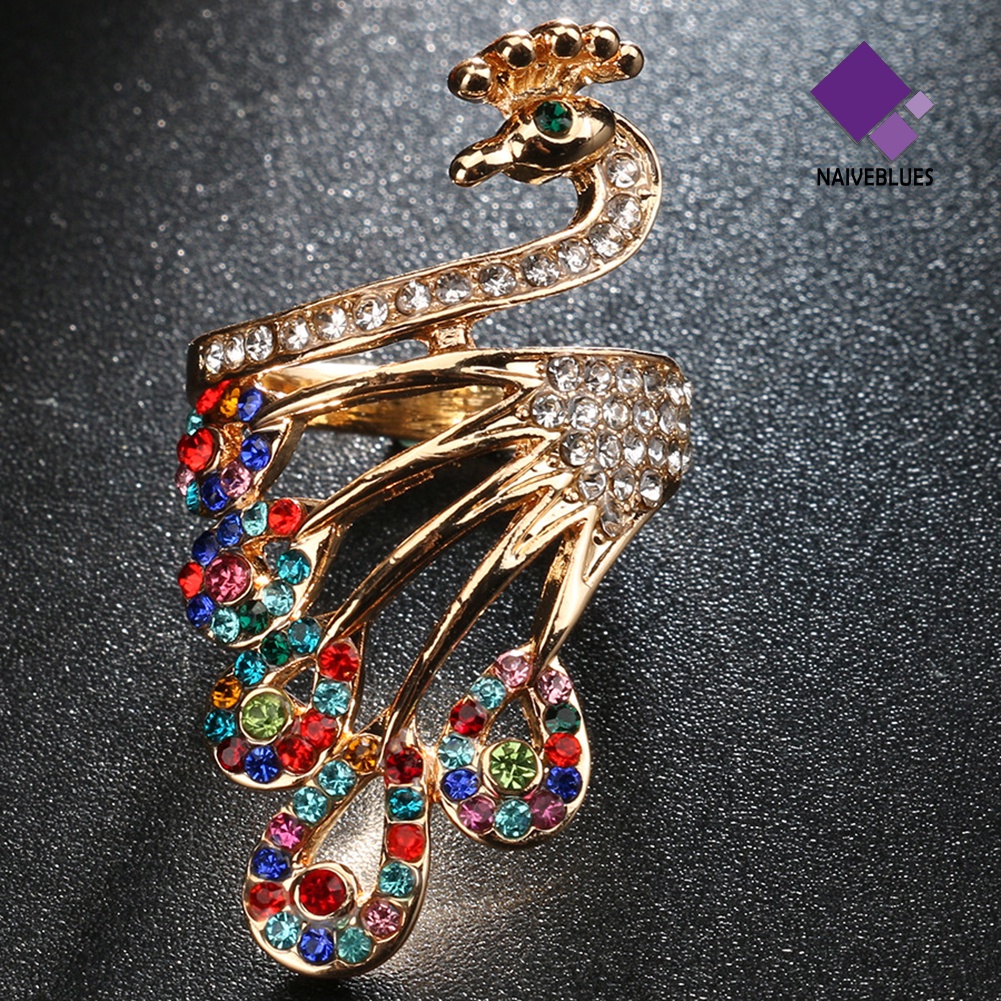 Naiveblue &gt; Cincin Wanita Lapis Emas Desain Merak Hias Berlian Imitasi Gaya Retro Untuk Hadiah