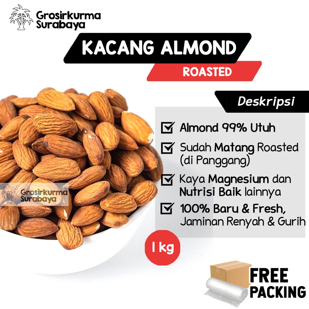 Kacang Almond Panggang 1Kg Premium Roasted Oven Kupas Tanpa Kulit Bahan Snack Susu MPASI Booster