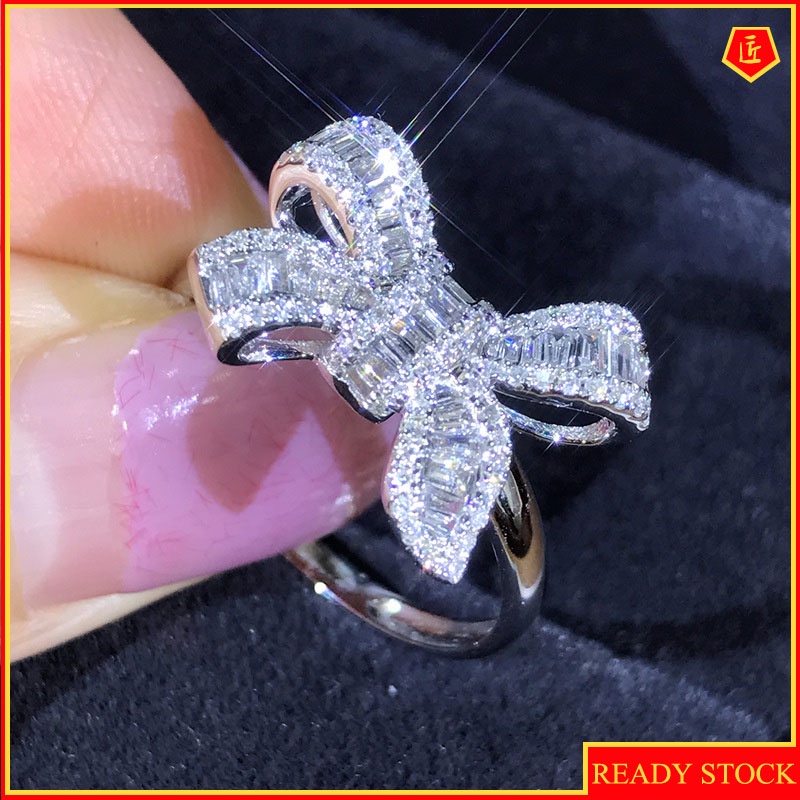 [Ready Stock]Bow Ladder Square Zircon Ring Beautiful Luxury Temperament Female