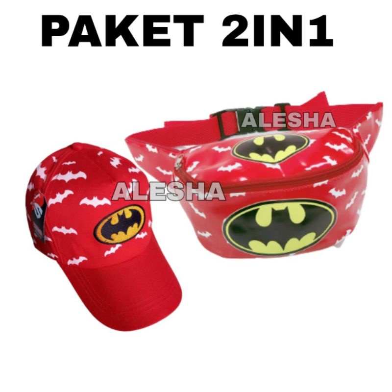 Tas waistbag/Tas Selampang+Topi  Anak Laki Laki Motif Superhero Free fire Spiderman Batman dan Topi Anak REALPICT