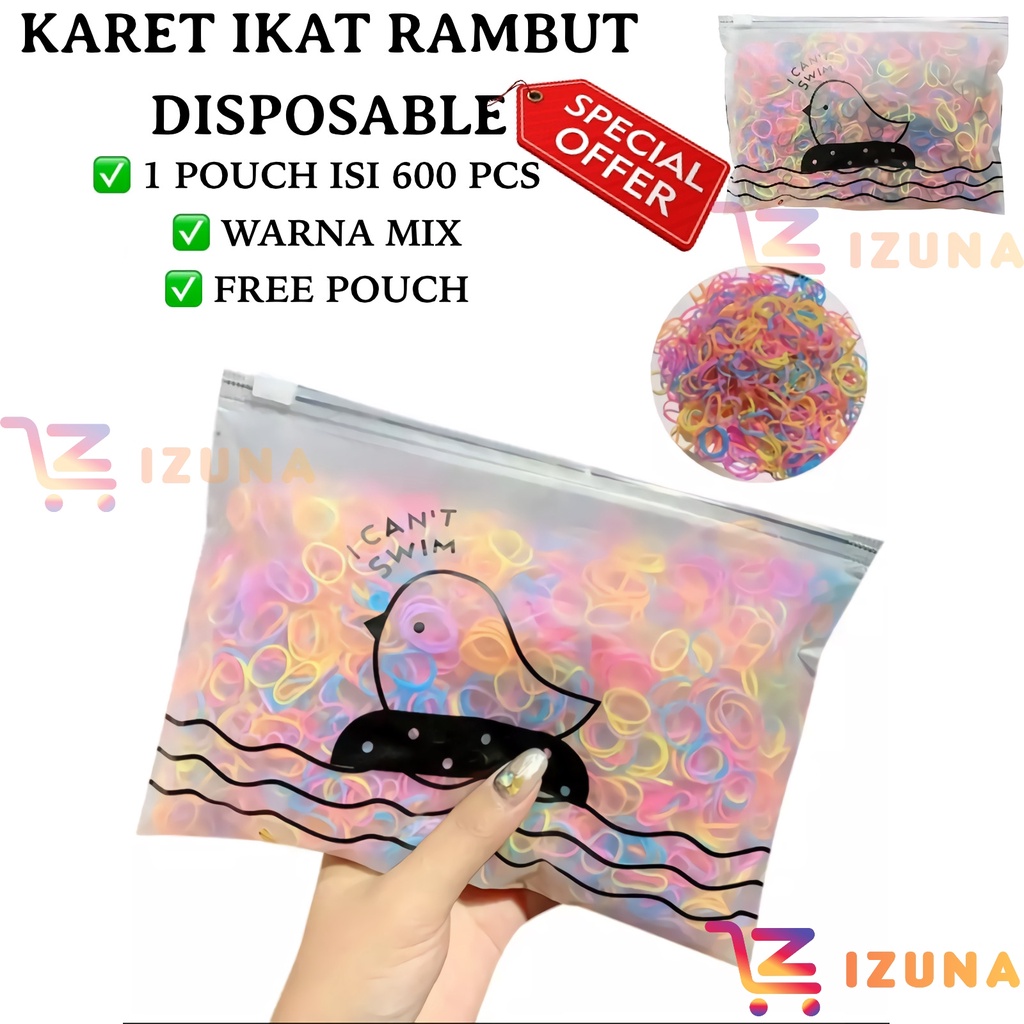 [IZUNA] Karet Ikat Rambut Sekali Pakai 1 Pouch Isi 600 Pcs / Karet Ikat Rambut Jepang / Karet Ikat Rambut  Warna Warni