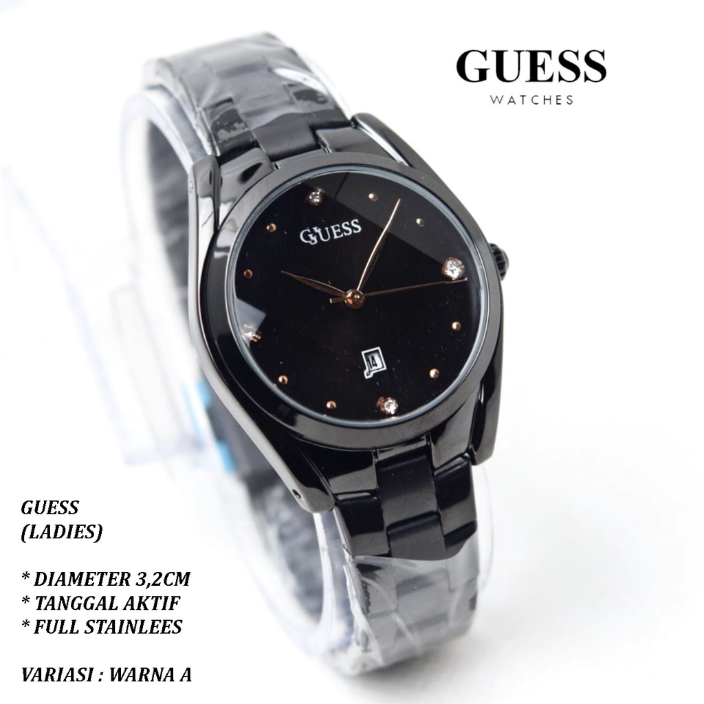 (BISA COD) JAM TANGAN WANITA GUESS RANTAI BODY BULAT TANGGAL AKTIF