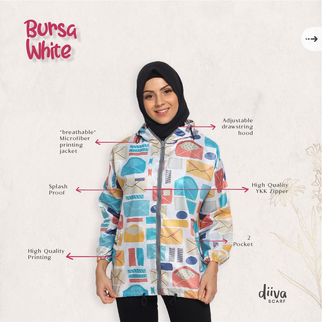 JAKET PARASUT PRINTING WANITA DIIVA SCARF BURSA WHITE