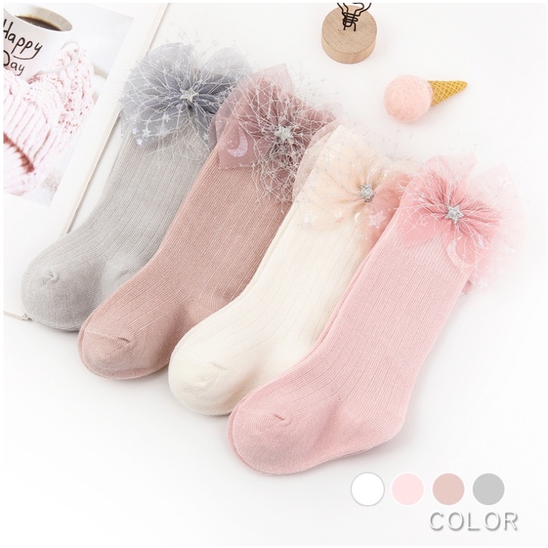 Kaos Kaki Panjang 0-2 Tahun Starry Bow Fashion Girl Korea Style dengan Pita Manis dan Bintang untuk CBKS LC