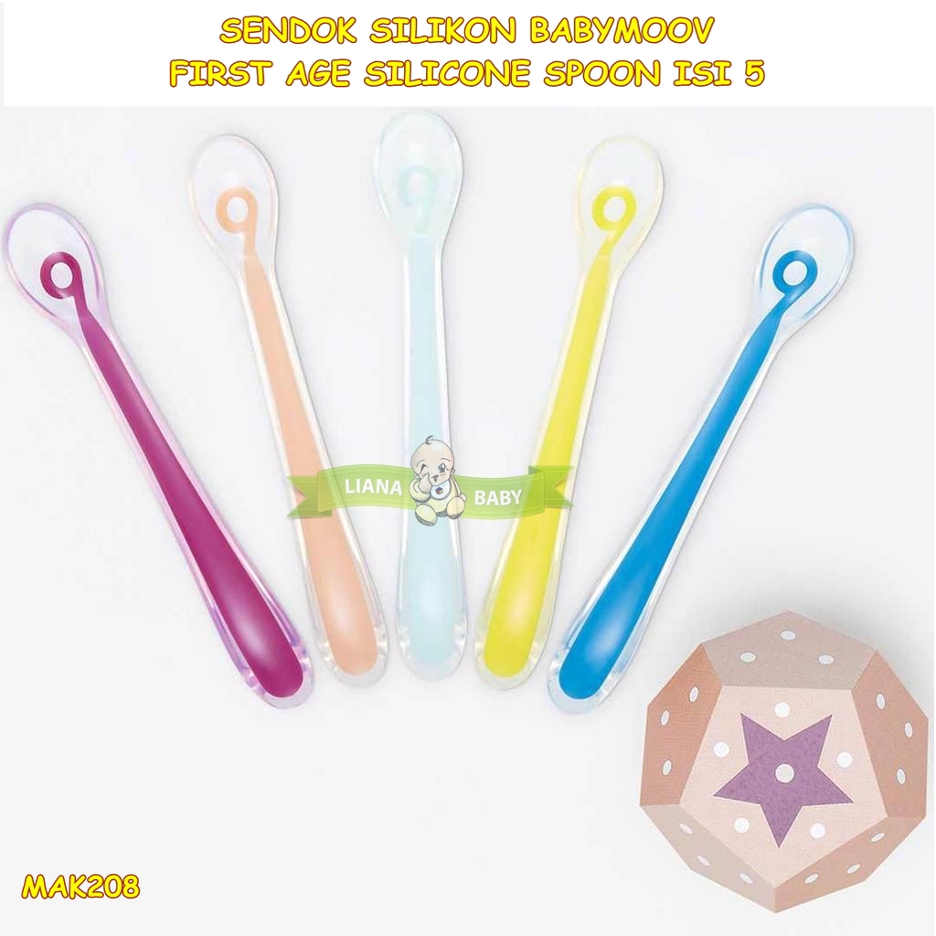 MAK208 BABYMOOV SENDOK MAKAN SILIKON  FIRST AGE SILICONE SPOON ISI 5 PCS