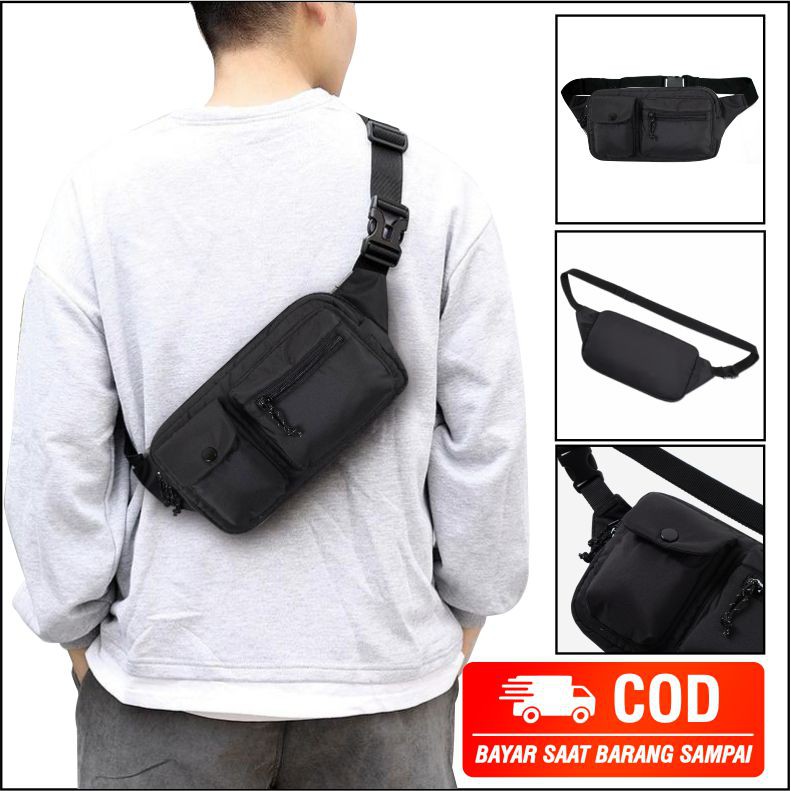 Tas Slempang Waistbag PEGE Slingbag Selempang Distro Kasual Murah Keren Polos Hitam - PG 8828